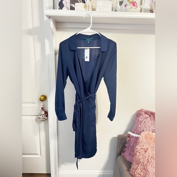 FINAL PRICE NWT C Wonder Navy Blue Long Sleeve Collared Wrap Dress - Picture 2 of 5
